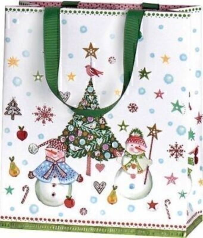 Snowman and Christmas Tree Gift Bag Jesper Medium by Stewo. This quality gift bag by Swiss designers Stewo will not disappoint. It has all the quality and detailing you would expect from Stewo. This gift bag is made from thick card. The strong handles are